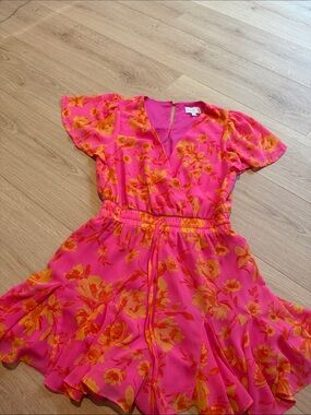Girls' Hot Pink Floral Flutter Sleeve Romper